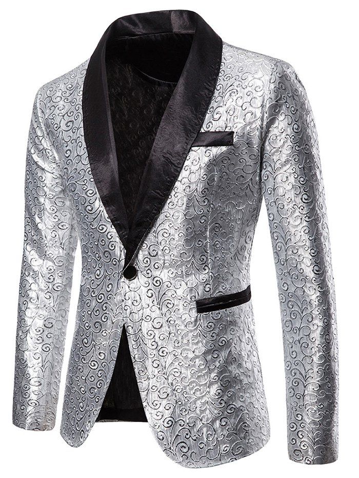

Metallic Jacquard One Button Lapel Blazer, Silver