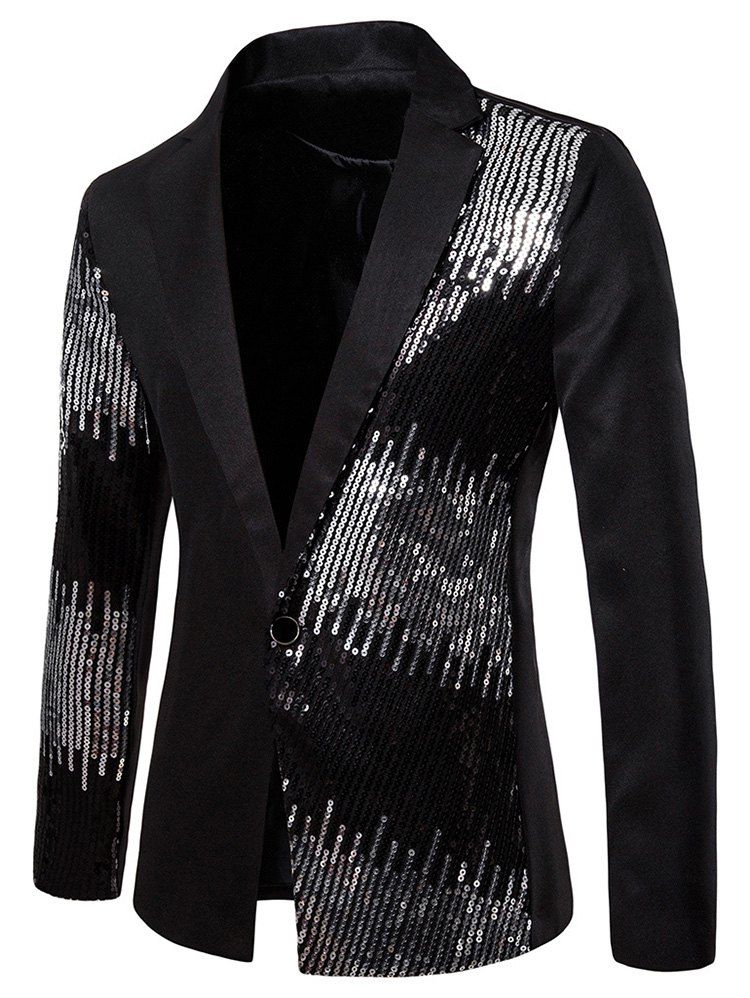 

Shiny Sequined Panel Lapel One Button Party Blazer, Black
