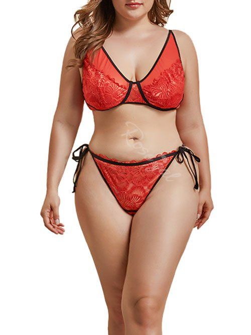 

Contrast Binding String Lace Plus Size Lingerie Set, Orange