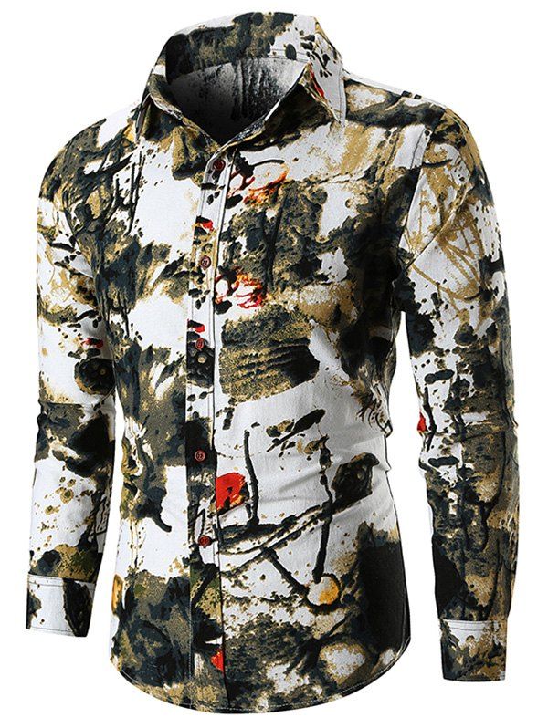 

Chinese Ink Painting Flower Print Button Long Sleeve Shirt, Dark green