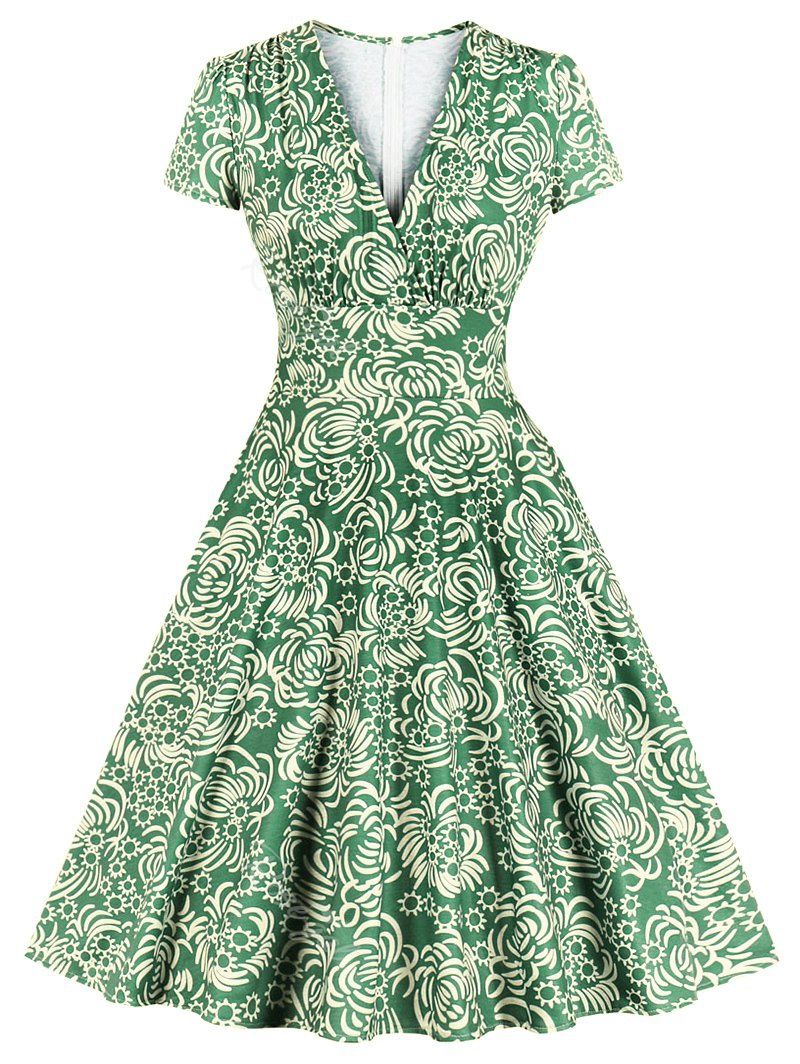 

Back Zipper Printed A Line Surplice Plus Size Dress, Shamrock green