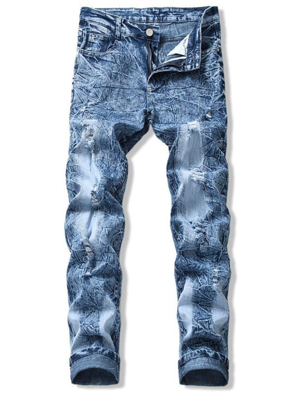 

Long Straight Creash Wash Ripped Jeans, Denim dark blue