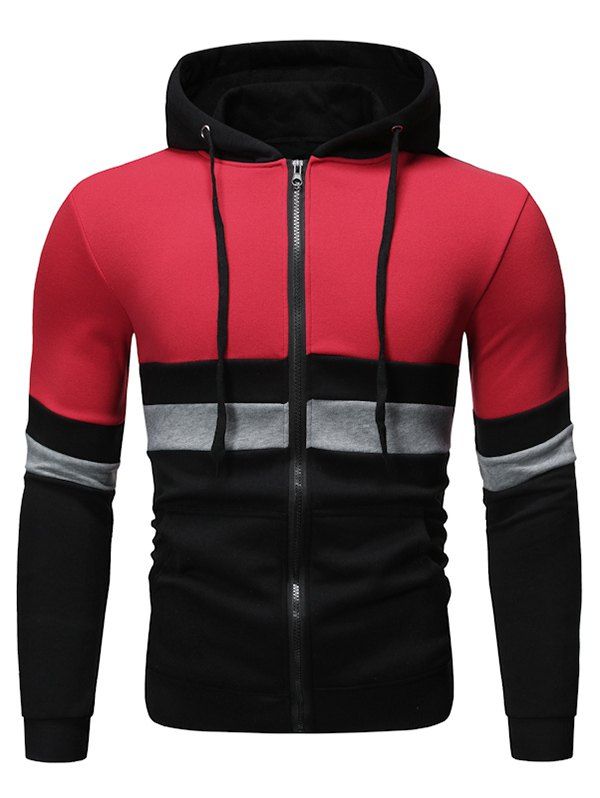 

Color Block Splicing Zip Up Hoodie, Red