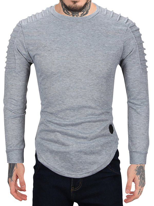 

Pleated Sleeve Solid Color Curved Hem Sweatshirt, Gray