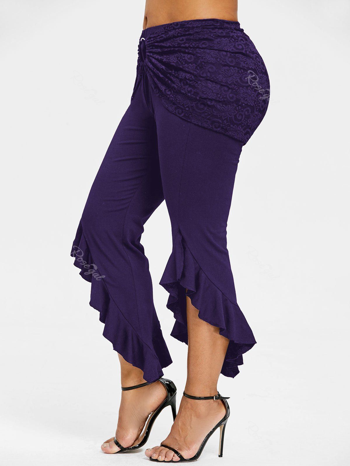 

Plus Size Removable Lace Insert Ruffle Skirt Pants, Purple iris