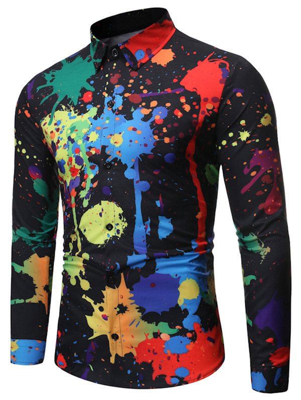 

Painting Print Button Down Long-sleeved Shirt, Black