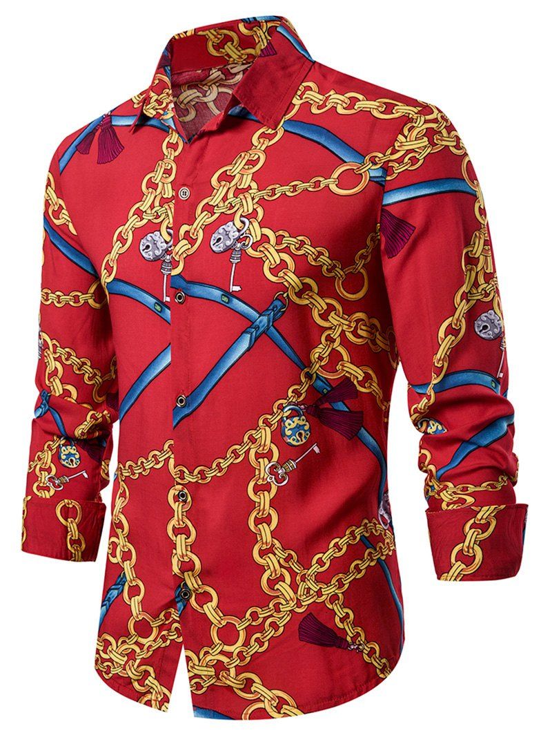 

Chain Print Long Sleeve Button Up Curved Hem Shirt, Multi