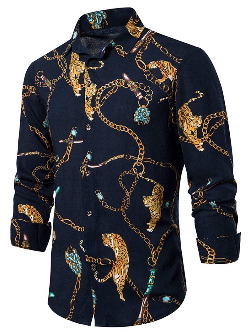 

Tiger and Chain Print Curved Hem Long Sleeve Button Up Shirt, Multi