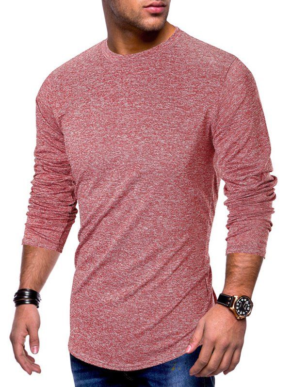 

Long Sleeve Curved Hem Solid T-shirt, Red