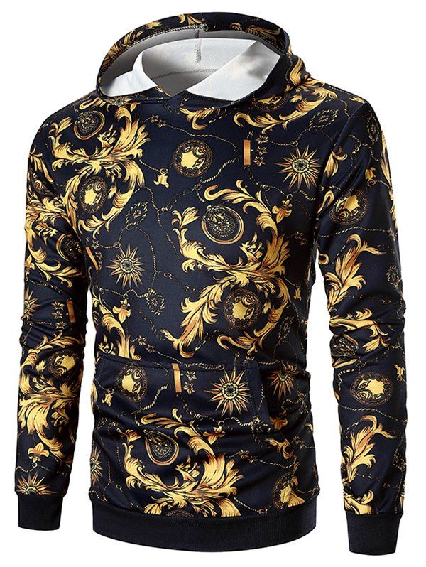 

Baroque Flower Print Kangaroo Pocket Casual Hoodie, Black