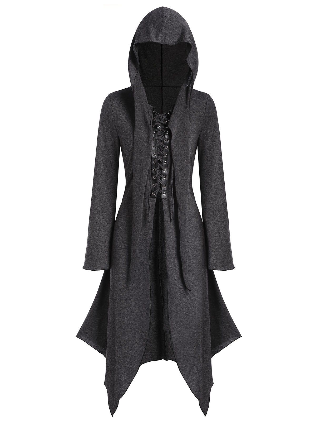 

Lace-up Front Hooded Heathered Handkerchief Gothic Coat, Carbon gray