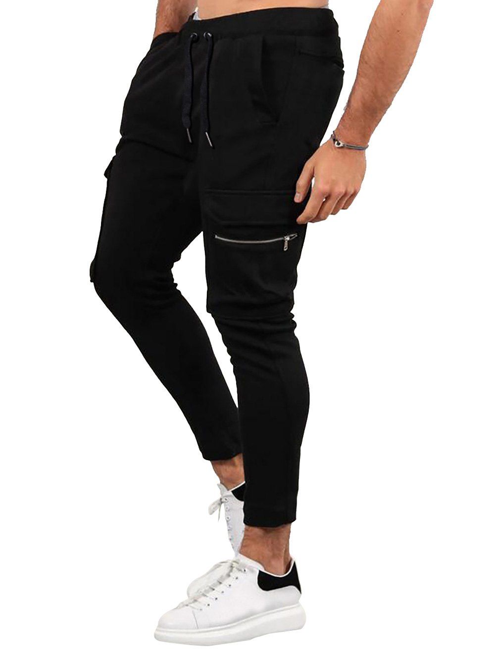 

Zipper Pocket Decoration Drawstring Casual Pants, Black