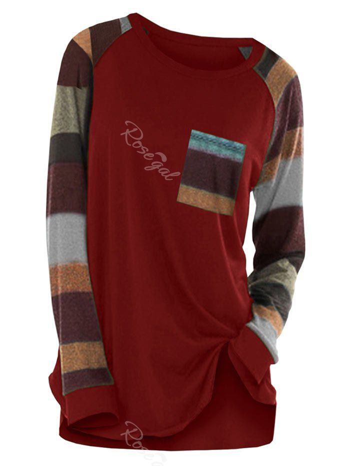

Plus Size Contrast Color Stripe Pocket T Shirt, Red