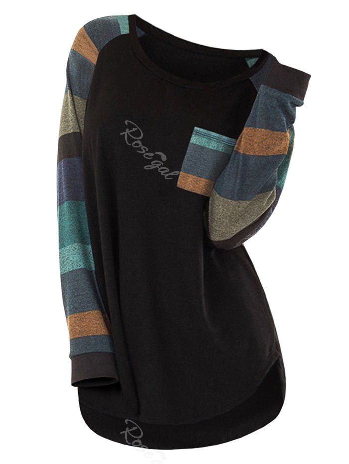 

Plus Size Contrast Color Stripe Pocket T Shirt, Black