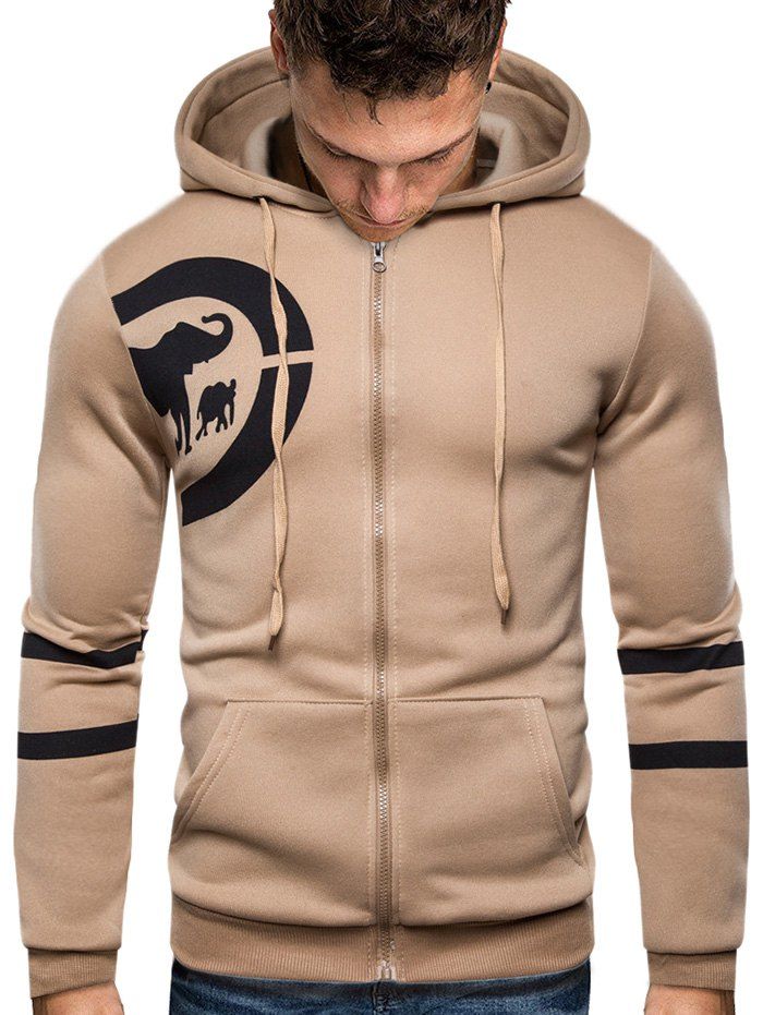 

Animal Pattern Zip Up Hoodie, Caramel