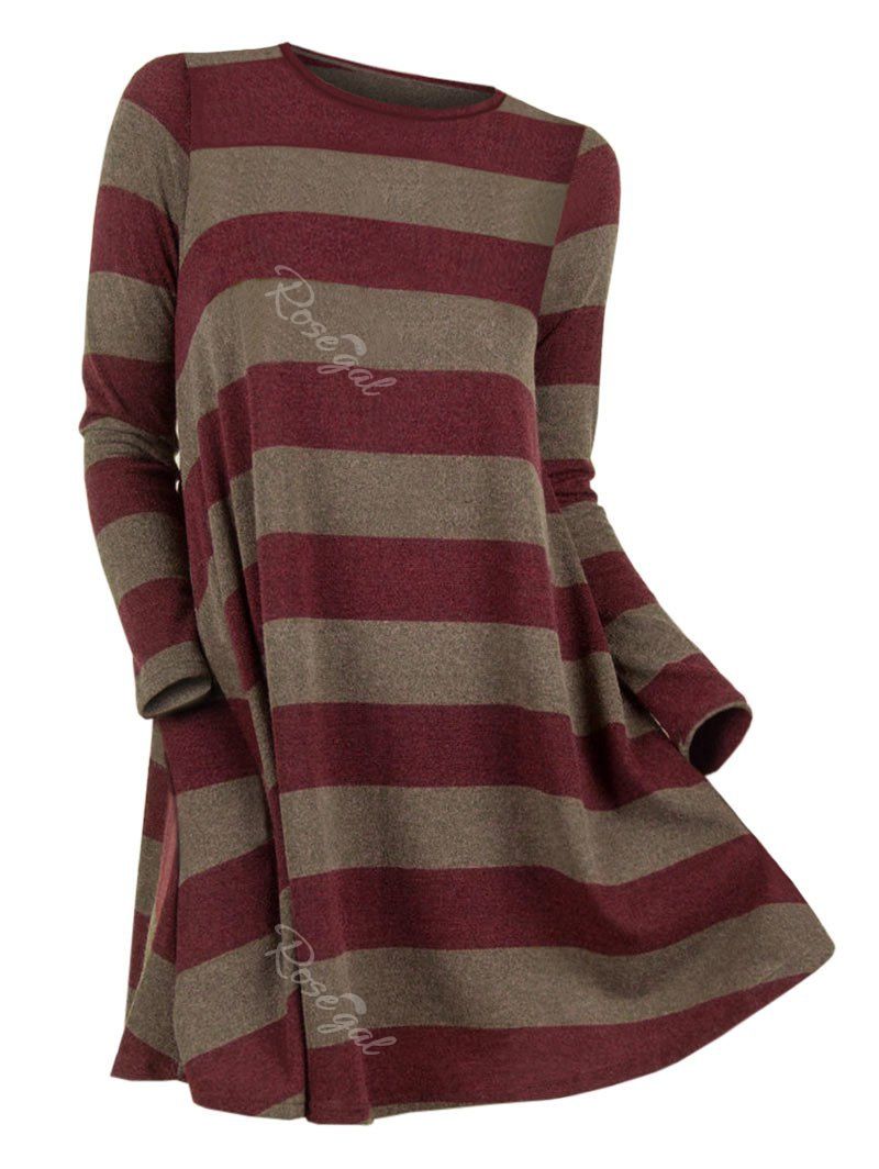 

Plus Size Stripe Hit Color Knit Top, Red wine
