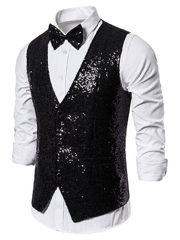 

Glitter Sequins Tuxedo Vest with Bow Tie, Black