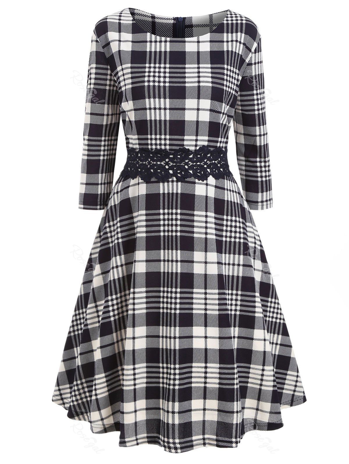

Plus Size Checked Print Lace Panel A Line Dress, Cadetblue