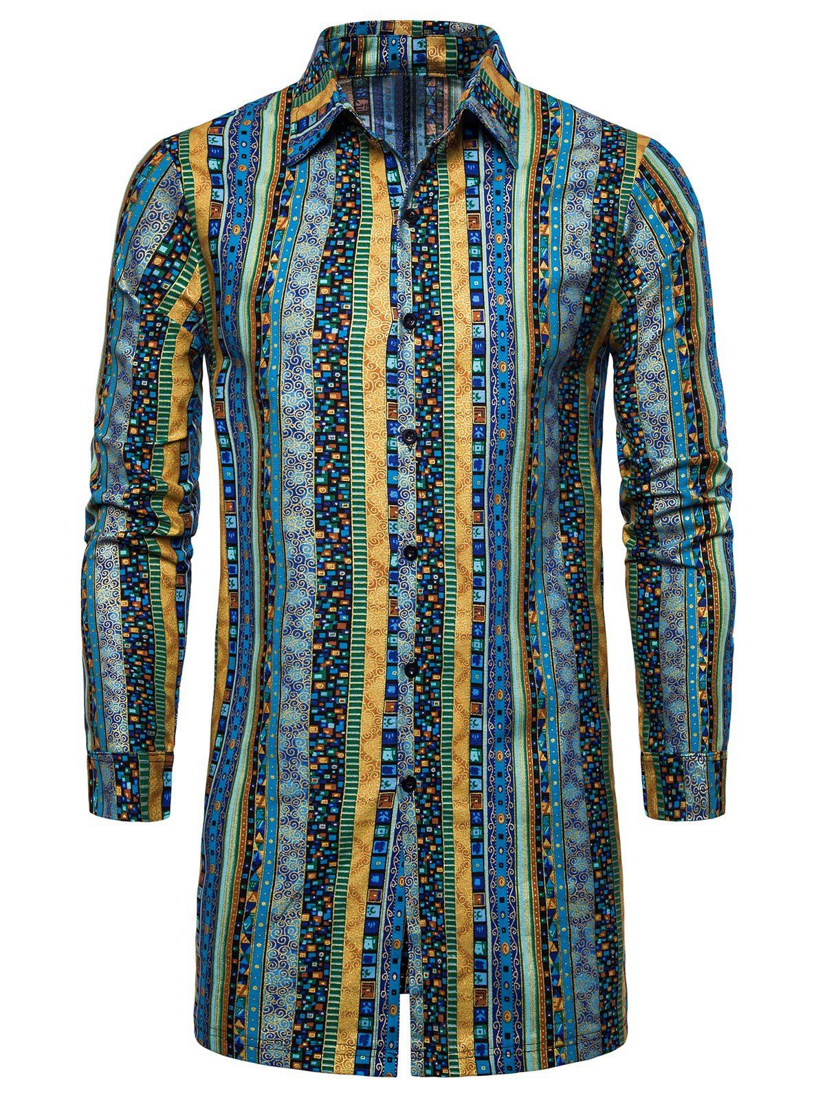 

Ethnic Style Tribal Print Long Sleeves Shirt, Greenish blue