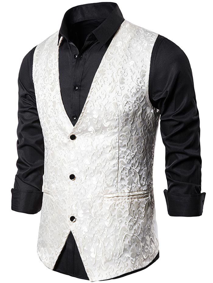 

Jacquard Single Breasted Faux Pockets Vest, Milk white