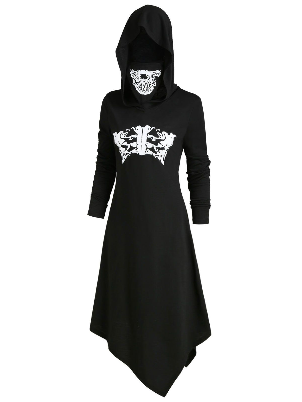

Skeleton Long Sleeves Halloween Hooded Dress with Mask, Black
