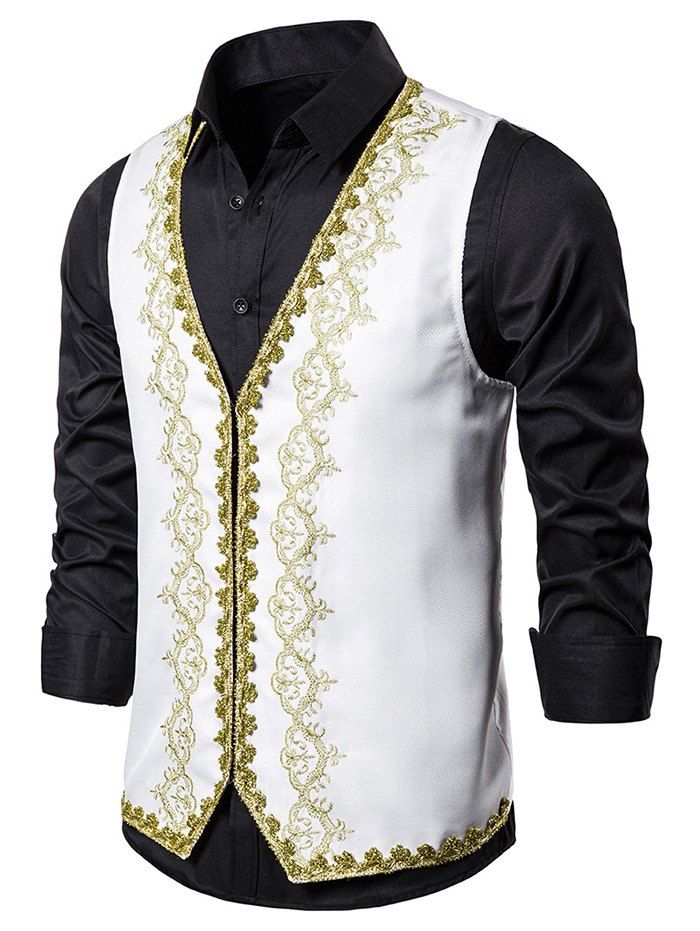 

European Style Embroidery Hook and Eye Tuxedo Vest, White