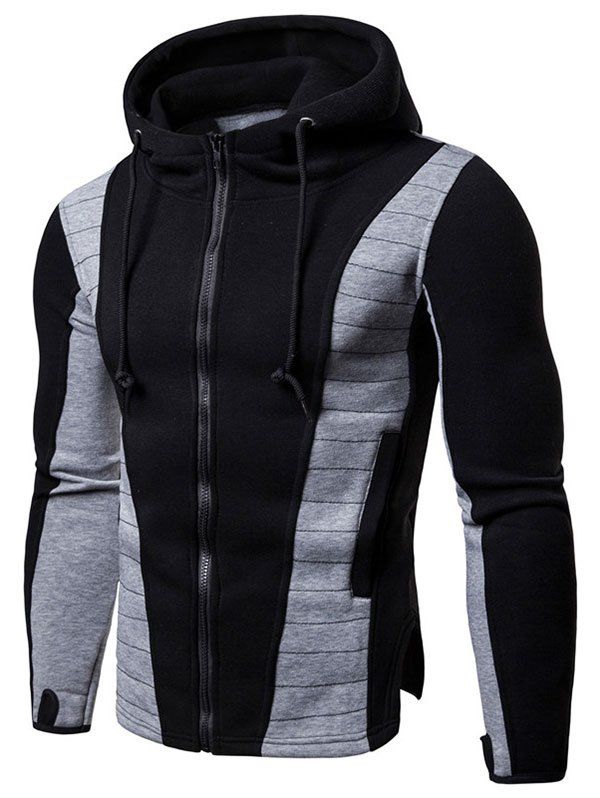 

Contrast Color Splicing Slit Drawstring Casual Zipper Hoodie, Black