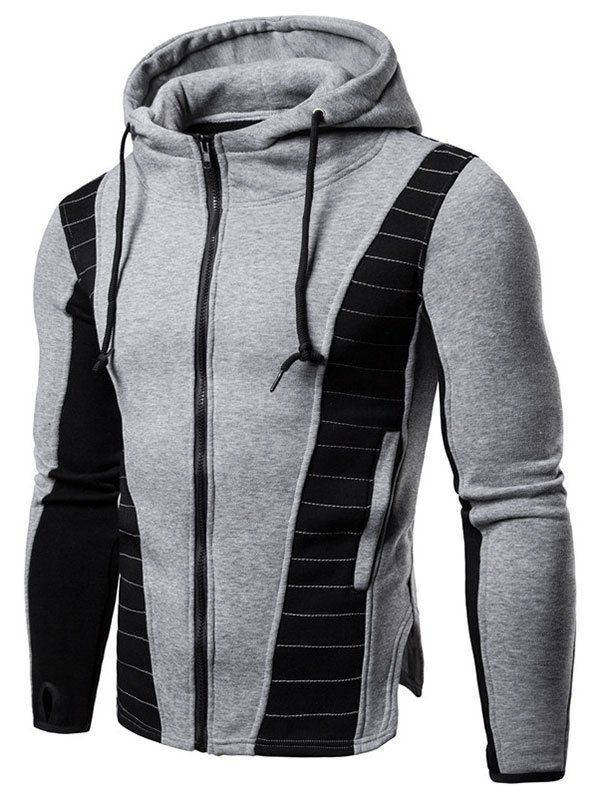 

Contrast Color Splicing Slit Drawstring Casual Zipper Hoodie, Dark gray