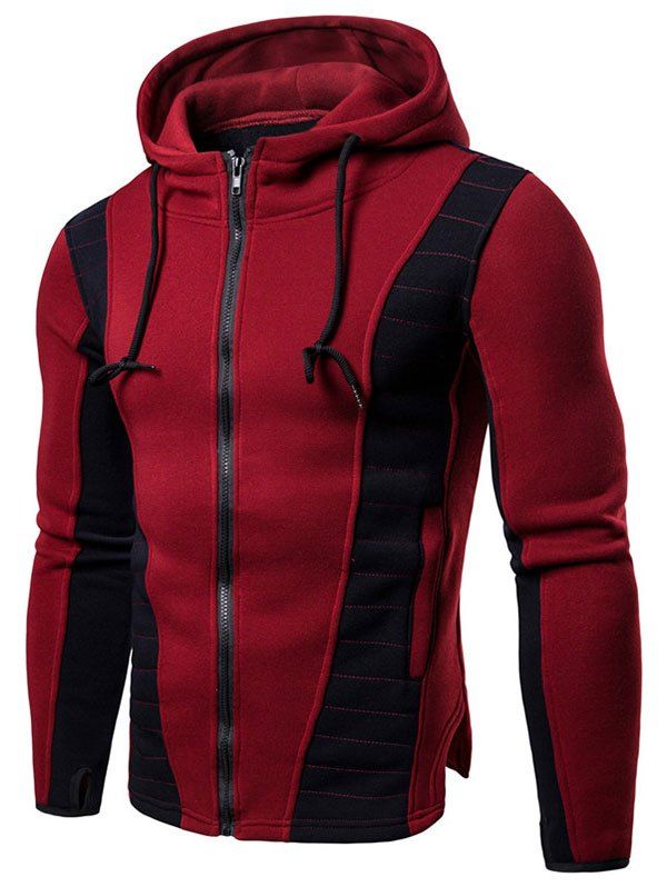 

Contrast Color Splicing Slit Drawstring Casual Zipper Hoodie, Red