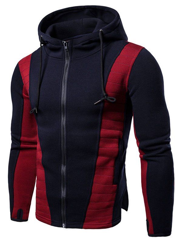 

Contrast Color Splicing Slit Drawstring Casual Zipper Hoodie, Cadetblue