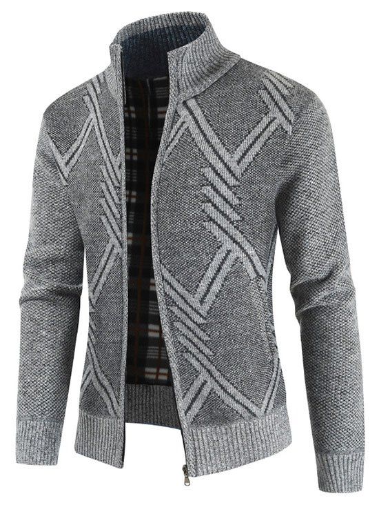 

Geometric Pattern Stand Collar Cardigan, Light gray