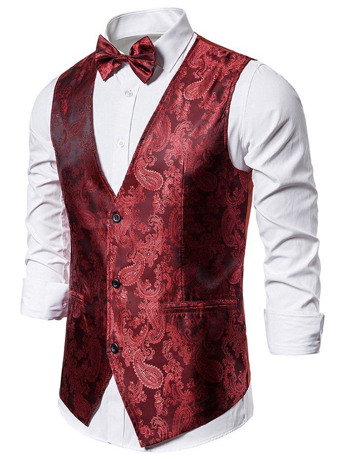 

Paisley Jacquard Tuxedo Vest with Bow Tie, Red wine