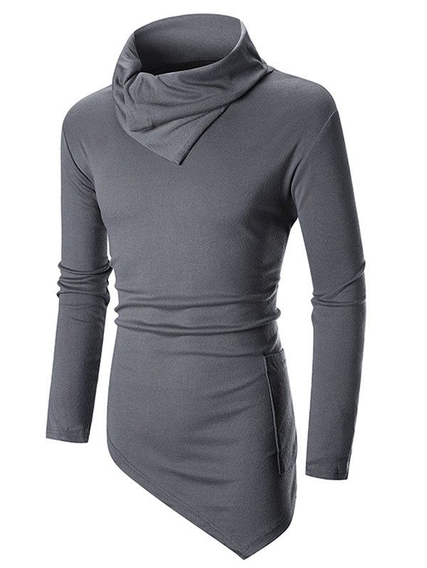 

Solid Color High Low Turn Down Collar Long Sleeve T-shirt, Gray
