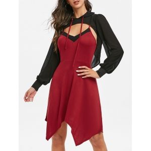 

Contrast Cami Asymmetrical Dress with Hooded T Shirt, Red wine