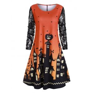 

Halloween Plus Size Castle Pumpkin Print Swing Dress, Halloween orange