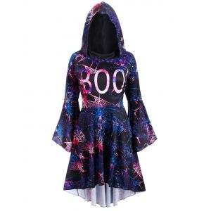 

Flare Sleeve Galaxy Print High Low Hooded Plus Size Dress, Black