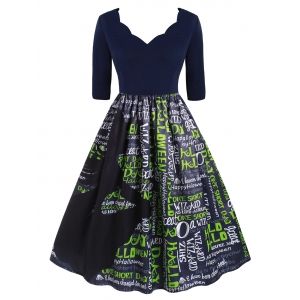 

Plus Size Vintage Letter Print Halloween 1950s Party Dress, Cadetblue