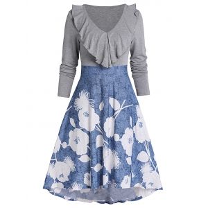 

Floral Print Flounce High Low Fit And Flare Dress, Silk blue