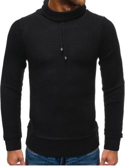 Drawstring Turtleneck Pullover Sweater - BLACK - S
