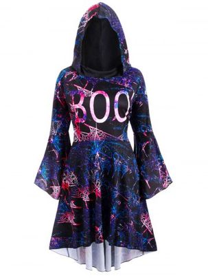 Flare Sleeve Galaxy Print High Low Hooded Plus Size Dress