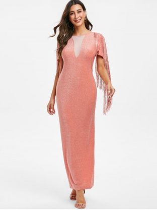 Sparkly Fringed Mesh Panel Maxi Party Dress