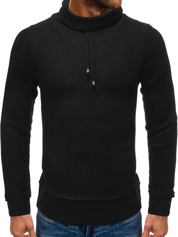 

Drawstring Turtleneck Pullover Sweater, Black