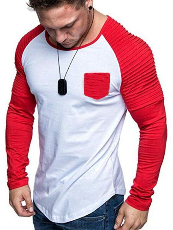 

Contrast Raglan Sleeve Pleated Trim Pocket T Shirt, Red