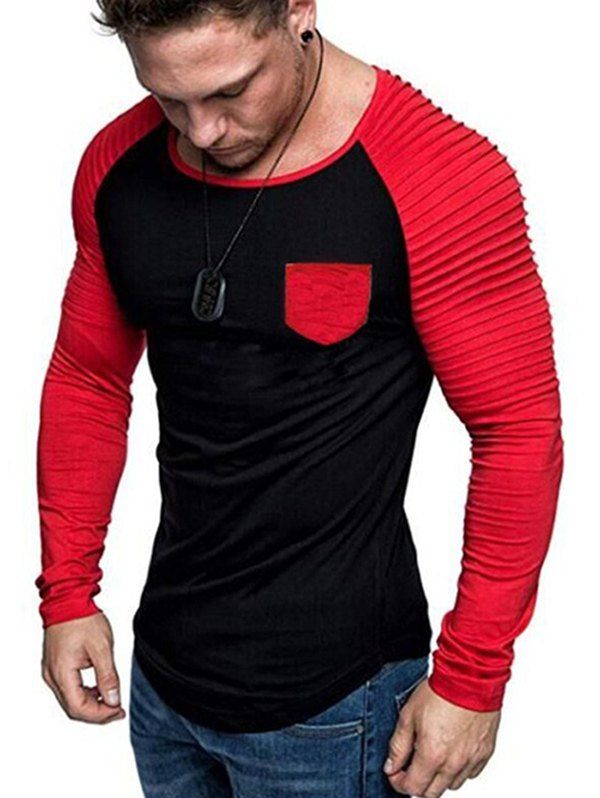 

Contrast Raglan Sleeve Pleated Trim Pocket T Shirt, Black