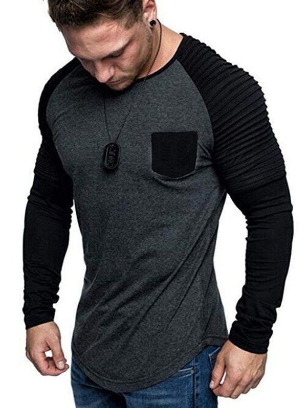 

Contrast Raglan Sleeve Pleated Trim Pocket T Shirt, Dark gray