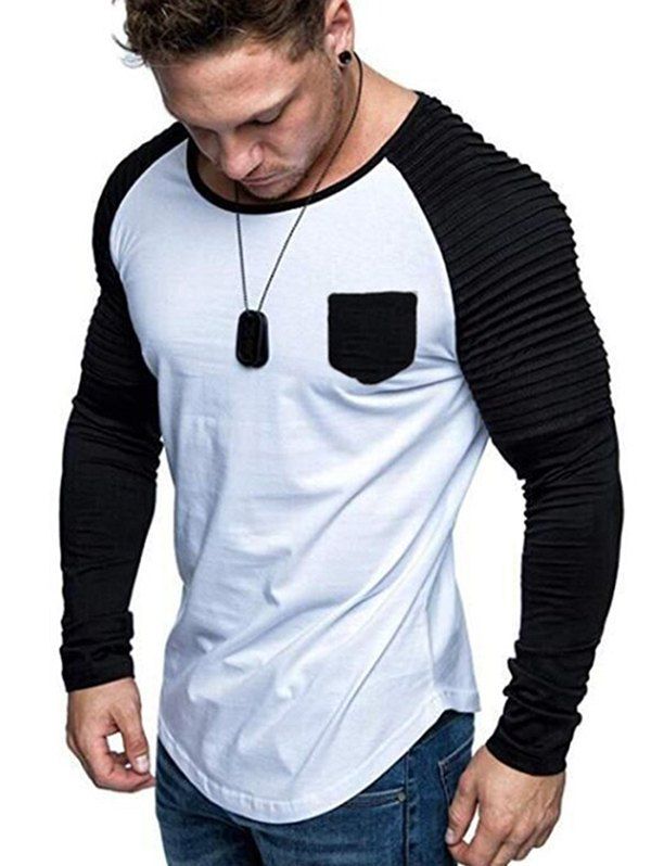 

Contrast Raglan Sleeve Pleated Trim Pocket T Shirt, White