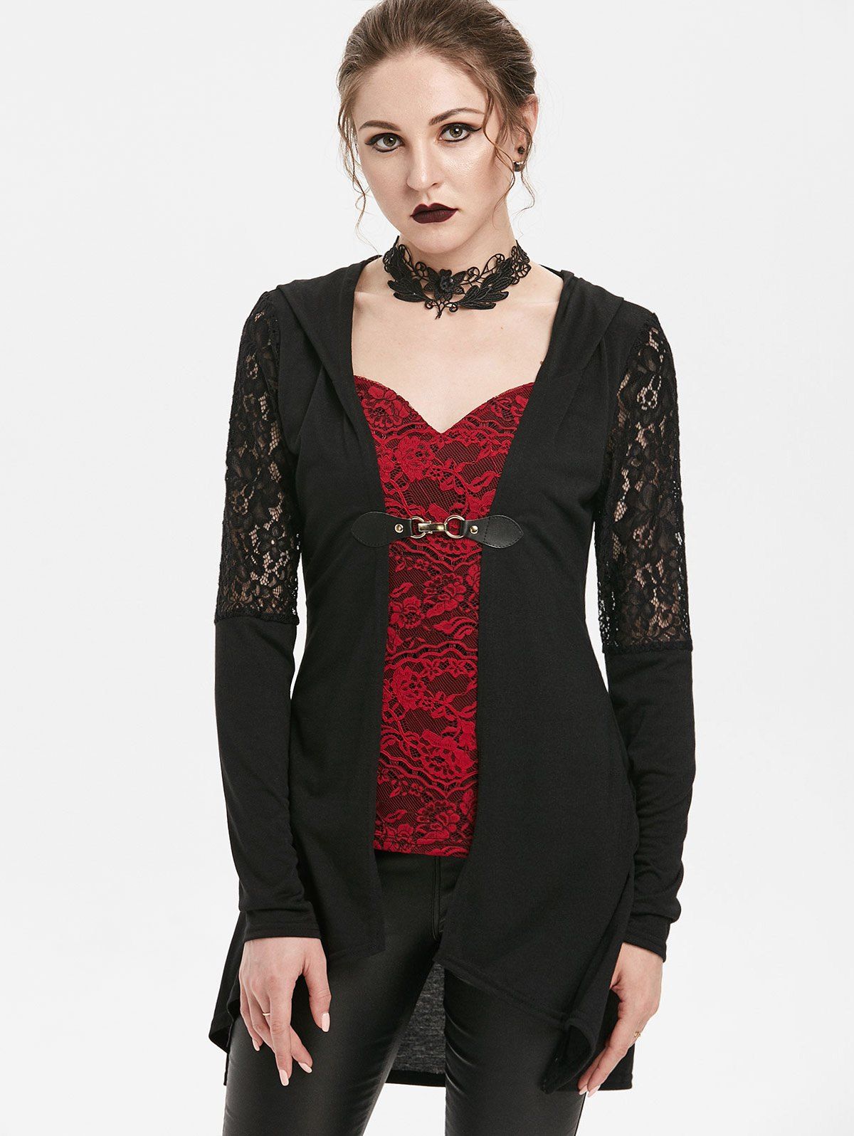 

Lace Panel Hooded Longline T-shirt, Black