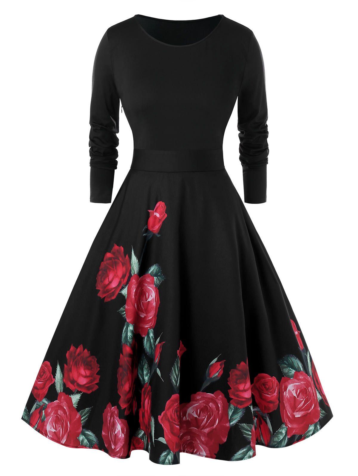 

Plus Size Fit And Flare Floral Print Zippered Vintage Dress, Black