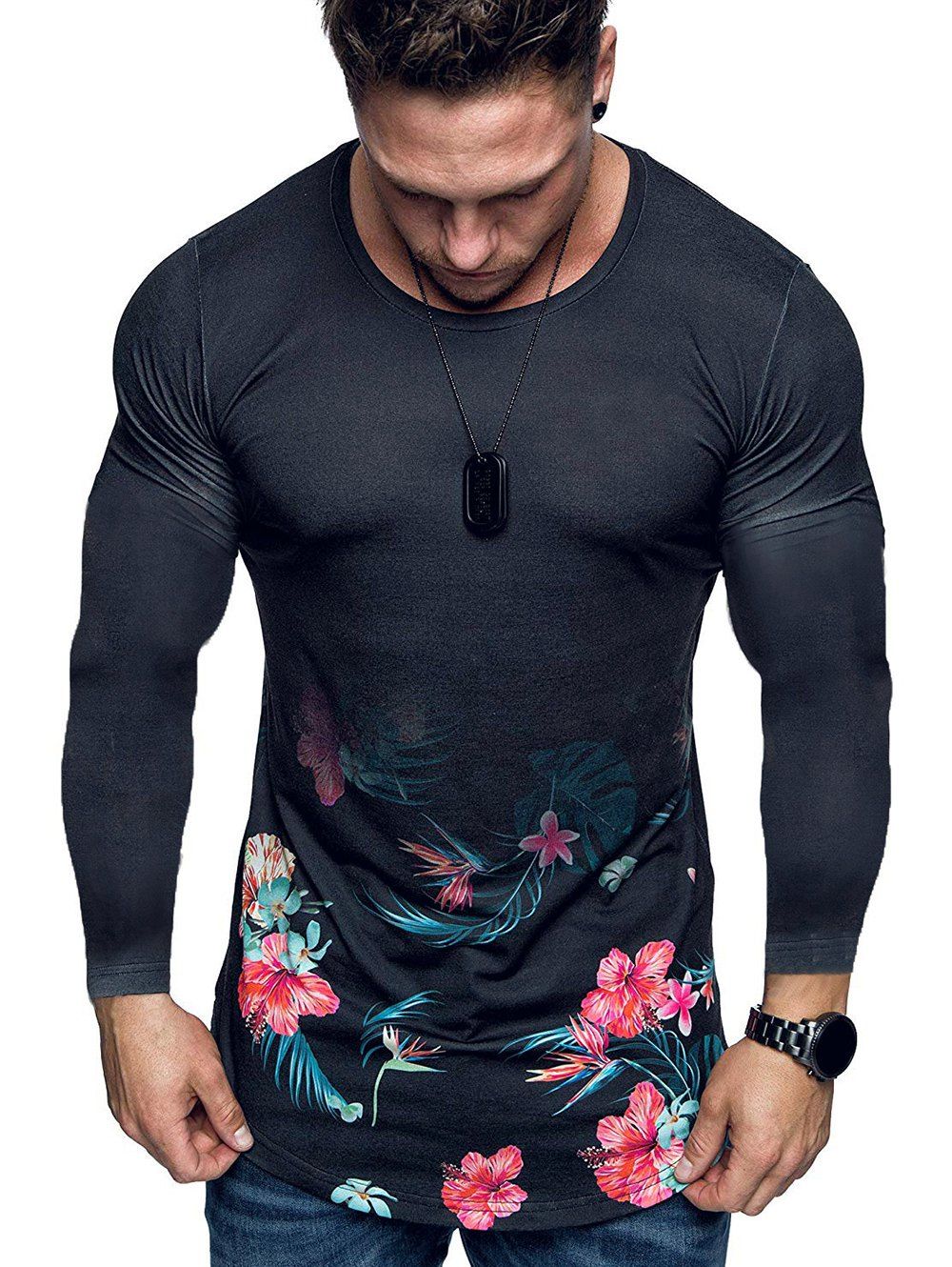 

Flowers Printed Long Sleeve Slimming T-shirt, Black