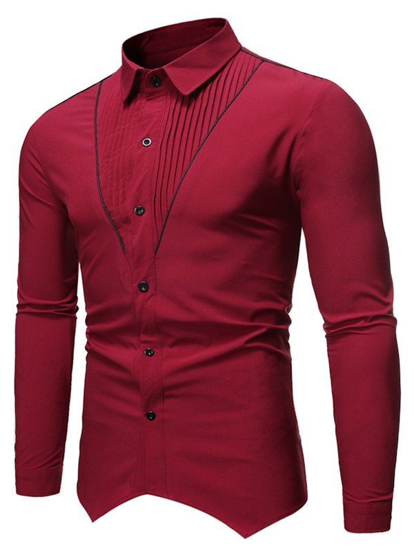 

Piped Trim Button Up Pintucked Shirt, Red